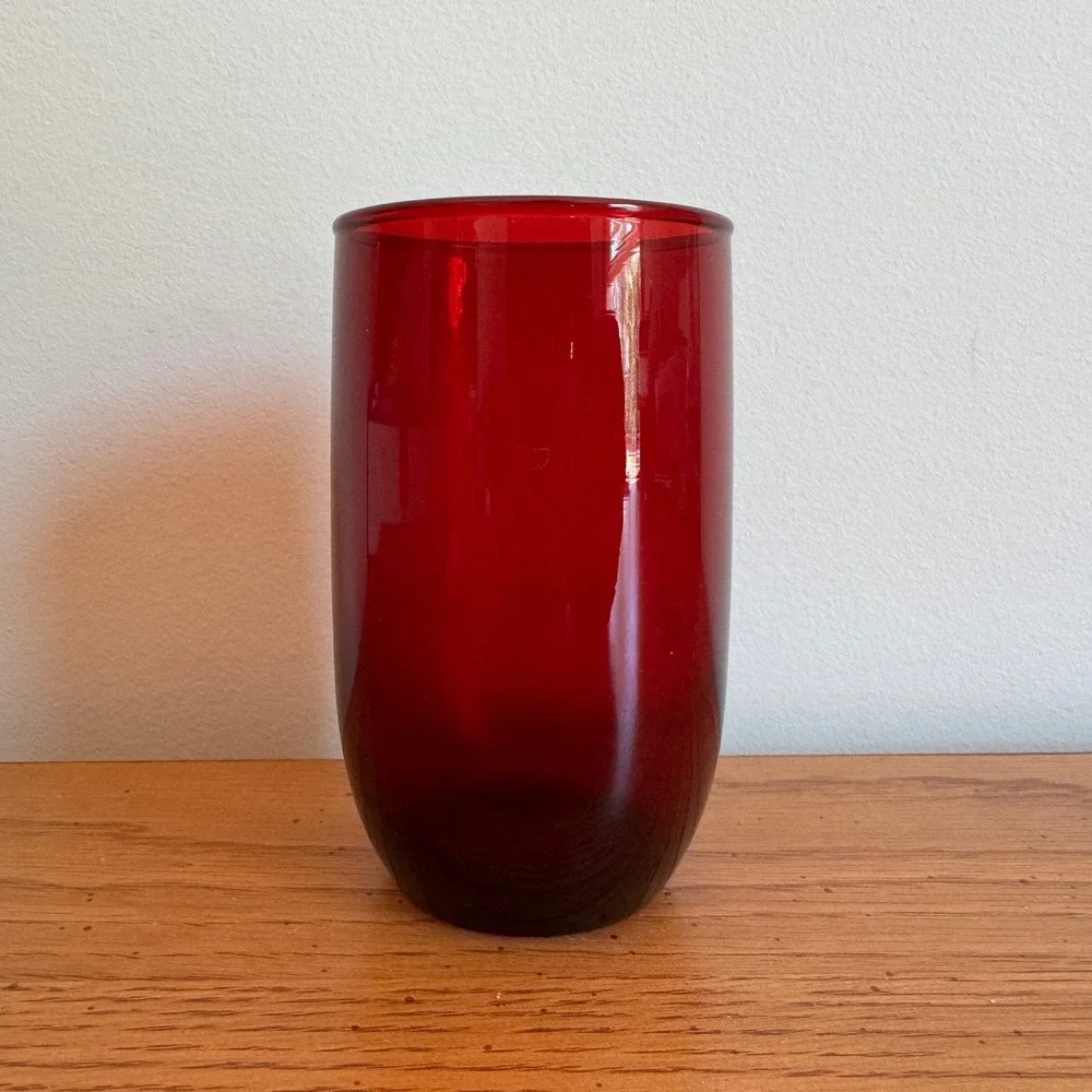 Vintage Ruby Red Glass Cylinder Vase Mid Century Modern Minimalist Juice‎ Glass